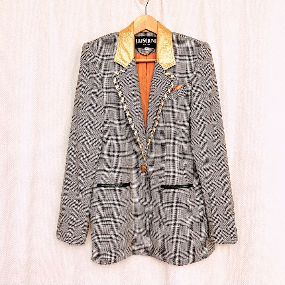 Vintage Gray Plaid Blazer with Gold Accents